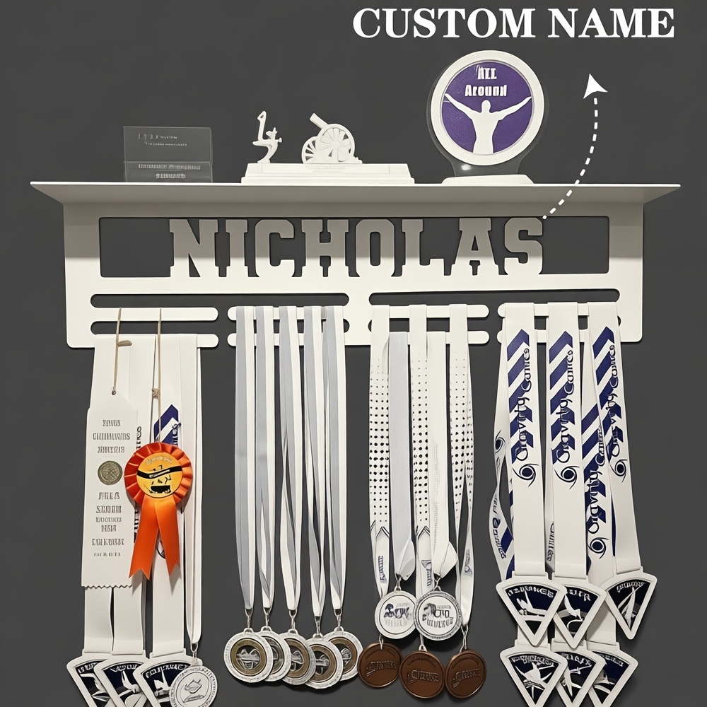 TEMU 1pc Custom Name Medal Hanger And Trophy Stand - Pink, White, Silvery Medal Display Rack 8-step Design, Ribbon-attached Medal Suspension Display