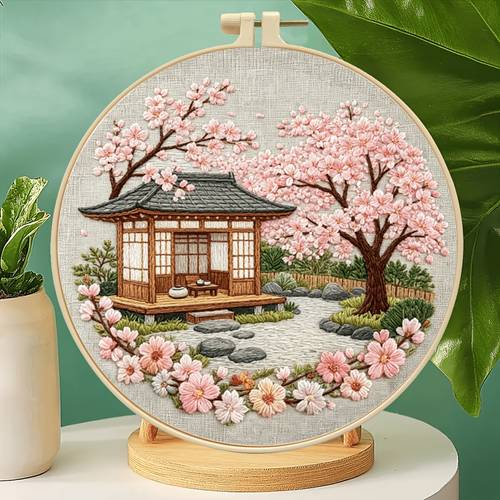 1 set embroidery kit cherry courtyard handcraft material pack beginner full tool set scenery home decoration stress relief handmade hanging painting embroidery thread chart needle hoop