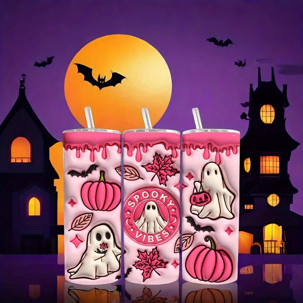 

Spooky Vibes 20oz Stainless Steel Tumbler With Lid - Double-wall Insulated, Reusable Travel Cup For Hot & Cold Drinks - Ghost And Pumpkin Design, Perfect For Halloween, Christmas, Easter, Thanksgiving