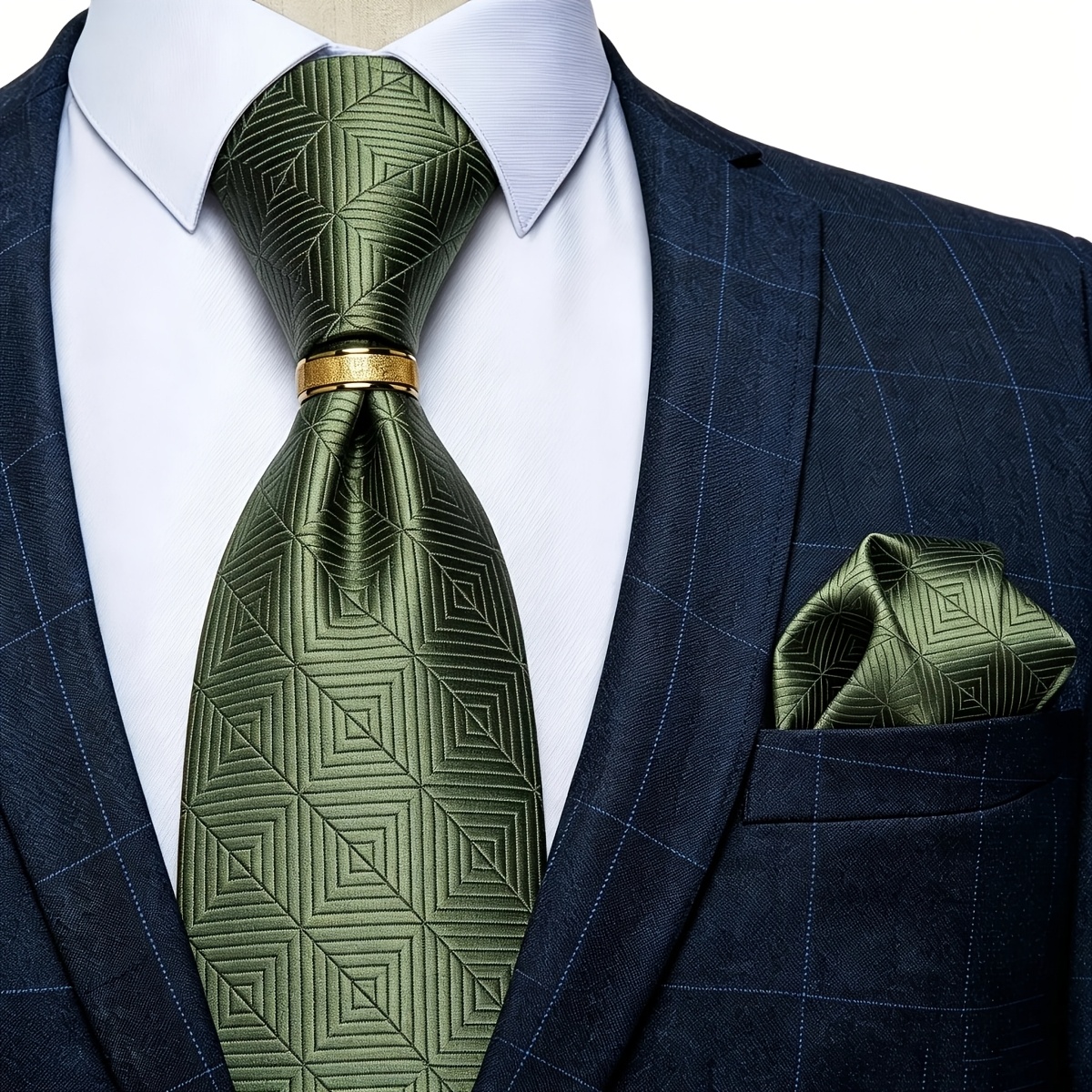 Image of Men' Geometric Tie & Pocket Square Set With Tie Ring - Heavy-duty 1200-needle Fabric Suitable For Prom, Business, Weddings, Graduation - Elegant Pocket Square And Necktie