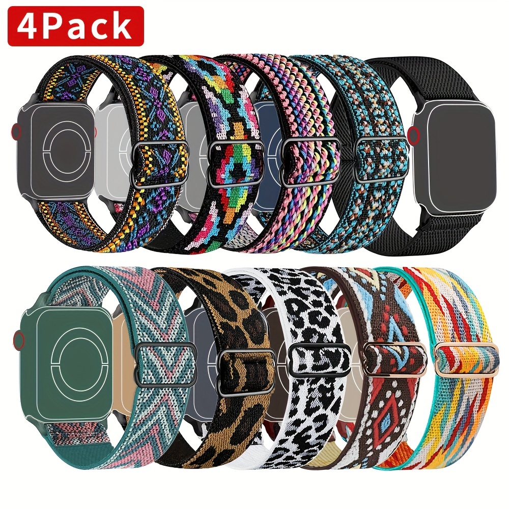 

4pcs/pack Boho Stretchy Watchband For Women Men, Nylon Sports Watch Replacement Strap Compatible With Watch