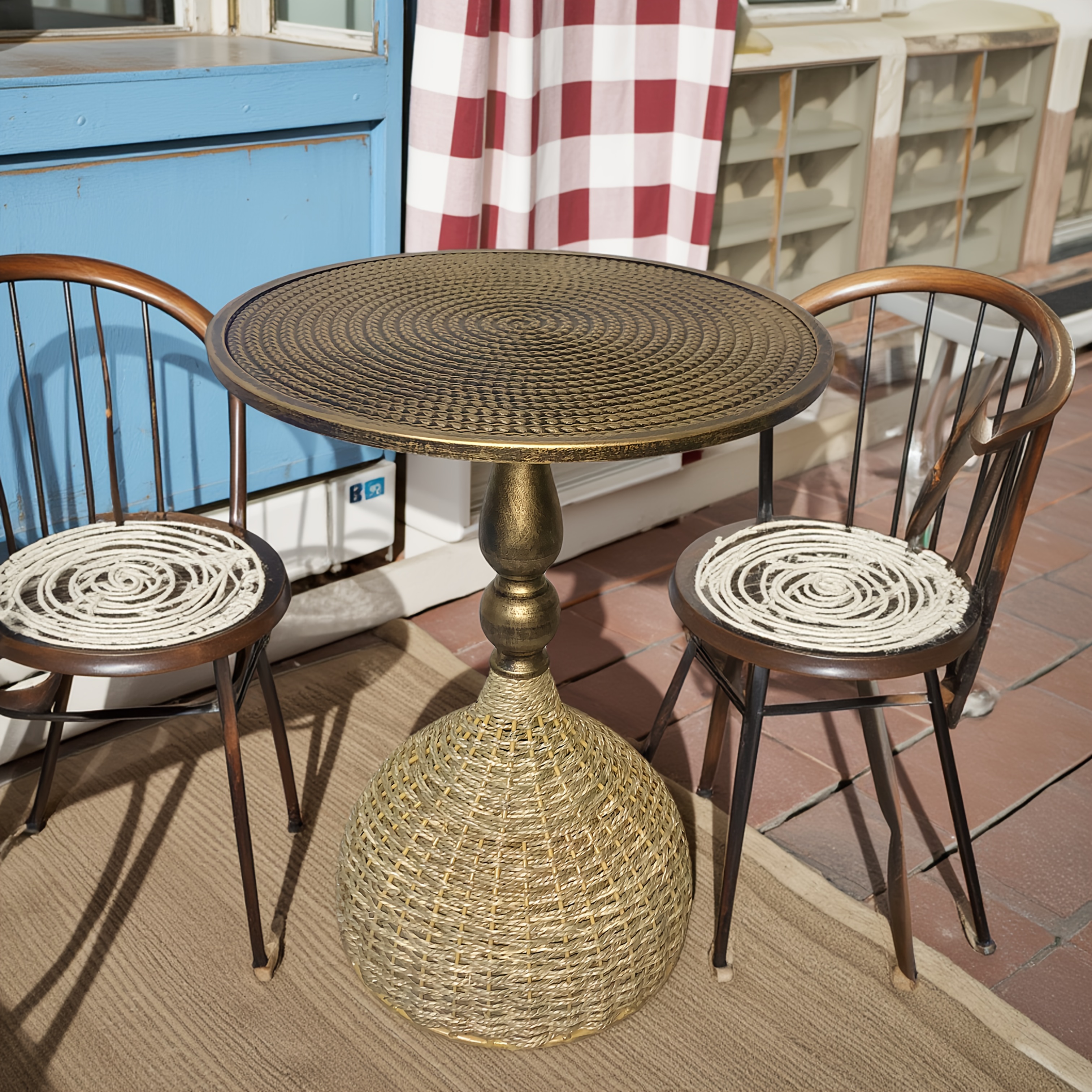 handcrafted rattan metal round side table vintage bronze   easy assembly compact 27 height   living room study balcony coffee shop or bar decor coffee table for living room balcony furniture rustic charm durable construction decorative side table   6