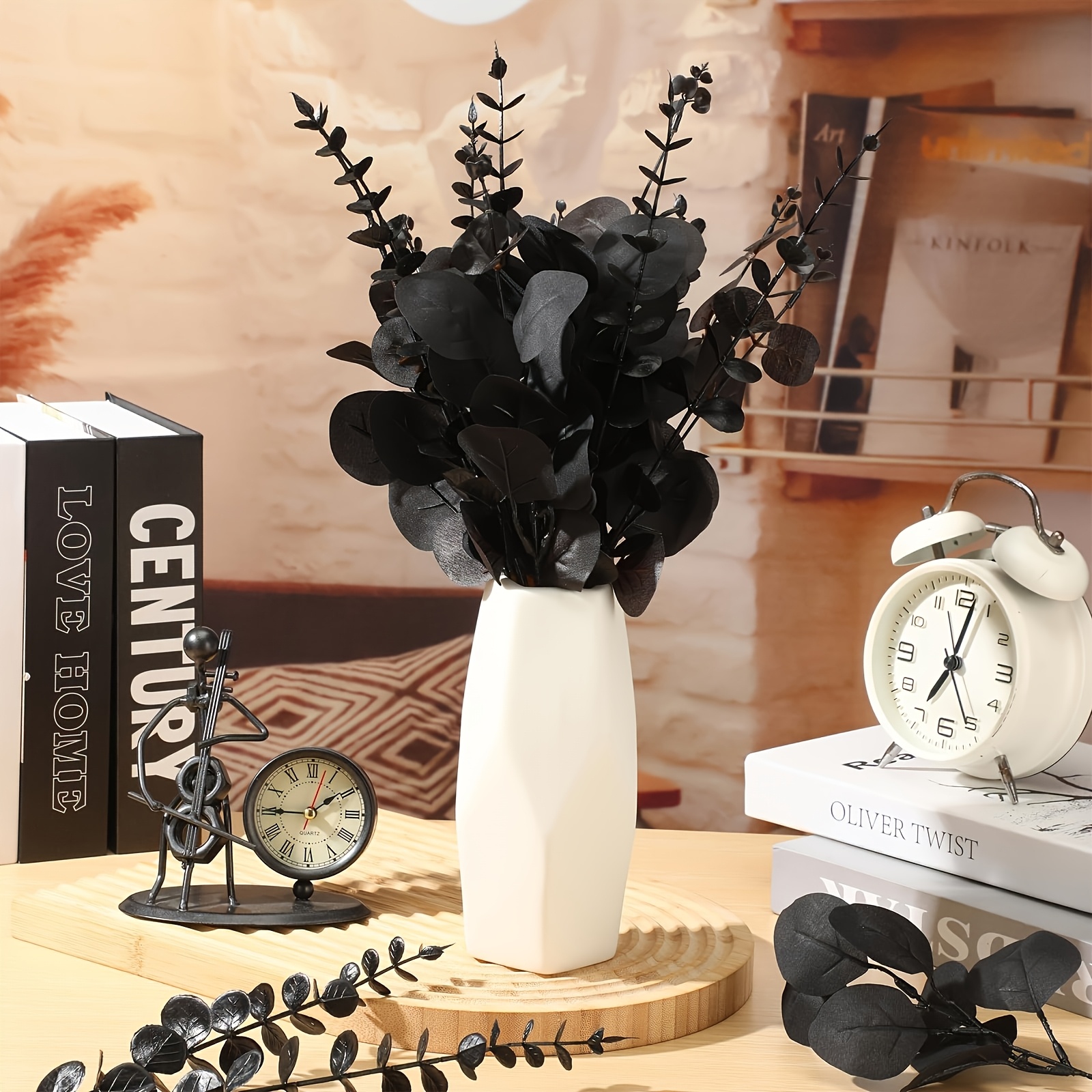 TEMU 30pcs, Mixed Eucalyptus Leaf Set, Black Artificial Plant, Home Decoration, Artificial Flower, Suitable For Halloween, Party And Home Decoration.