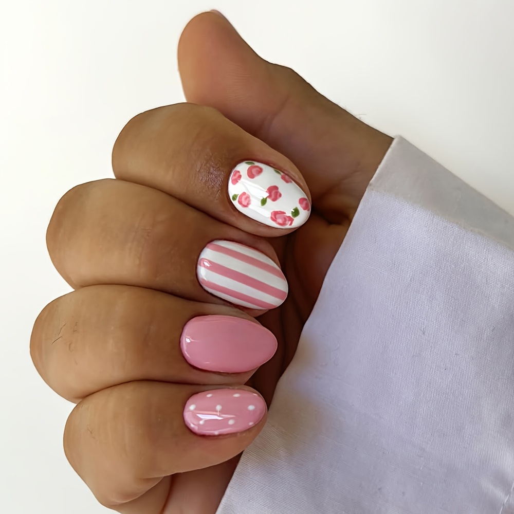 TEMU 30pcs Short Oval Pink- Spring Floral Nail Stickers, Floral Polka Dot Stripes Press-on Fake Nails French Style, Removable, Spring Summer,