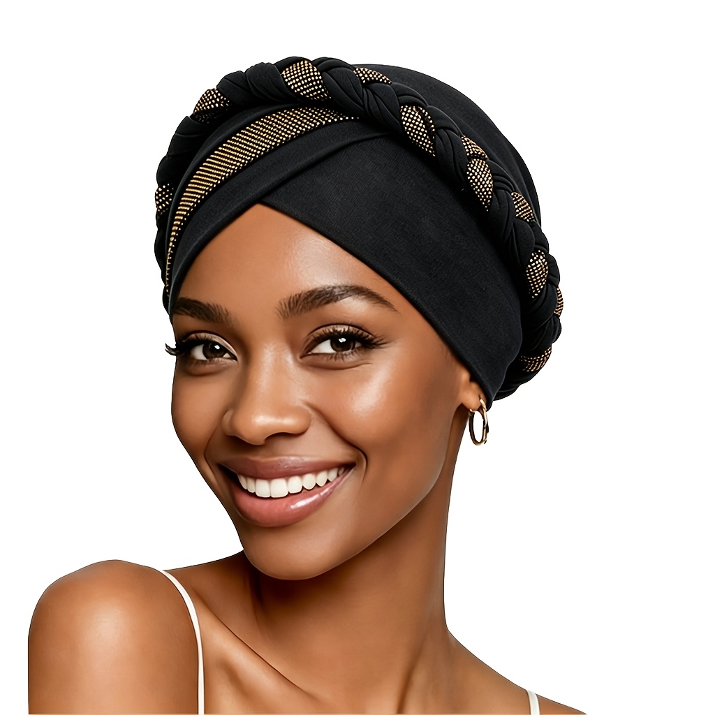 TEMU Foil Dual-tone Handmade Braided Headscarf, African Black Headwrap