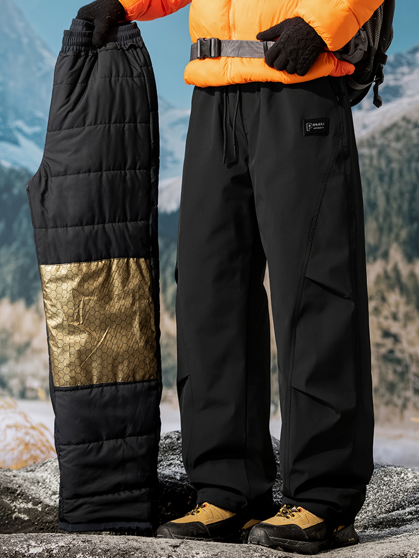 mens winter outdoor sports thickened cold proof casual pants   long ski pants windproof and thermal work pants with elastic drawstring waist adjustment straight leg and   two in  