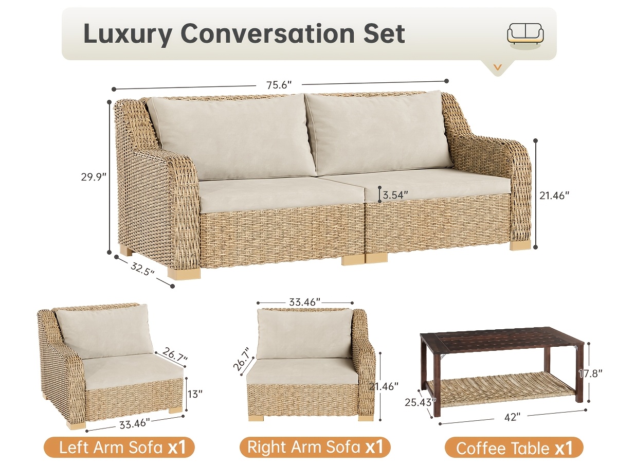 3pcs Outdoor Rattan Sofa Set, All-Weather Ergonomic Patio Furniture with Storage Coffee Table And Cushions, Elastic Seat Cushions, Handwoven Patio Furniture for Porch, Garden, Backyard, Durable Outdoor Furniture for Family Gatherings, Ideal Gift