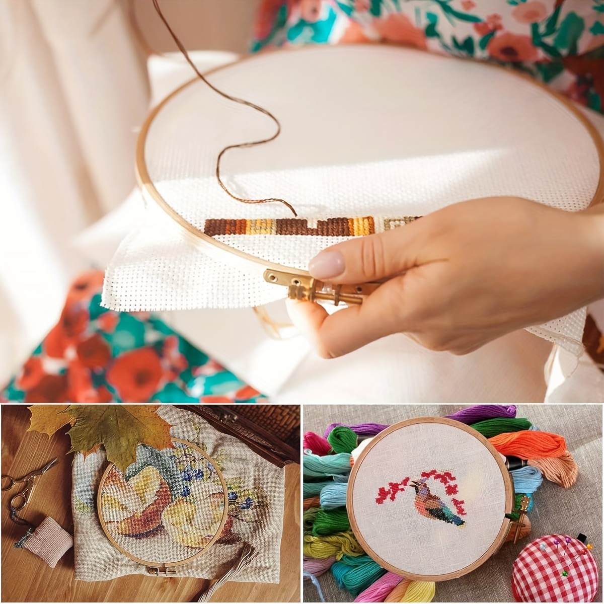 3pcs Beech Wood Embroidery Hoop Set, Round Hoops