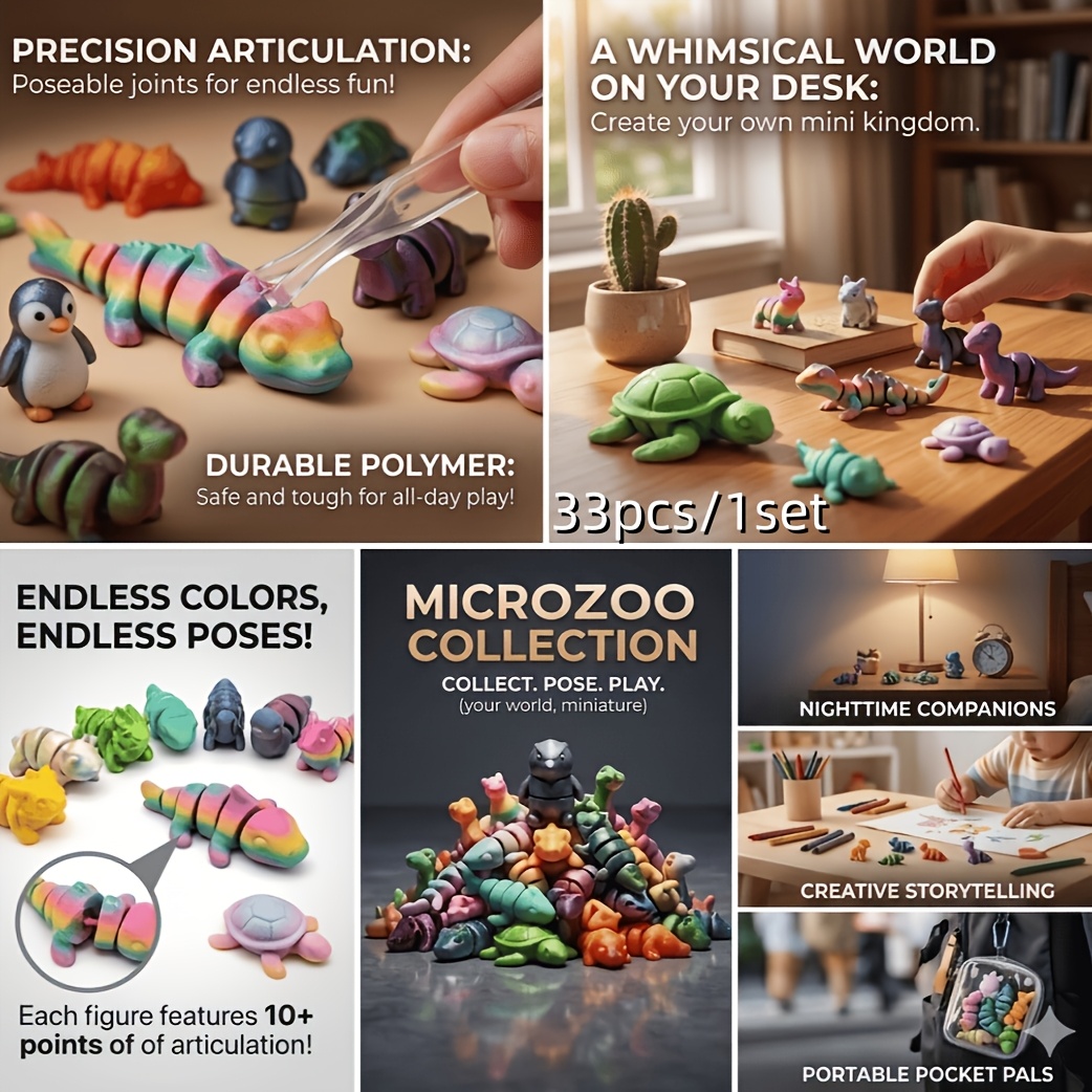 33pcs 3D Printed Animal Kingdom Toy Figure Playset