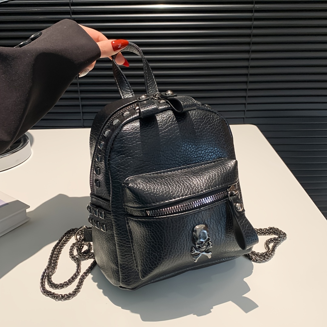 gothic mini backpack Vinyl Goth Edgy Spiked Gothic Backpack with Skull Chains Rock Rebel Unicorn Black Gothic