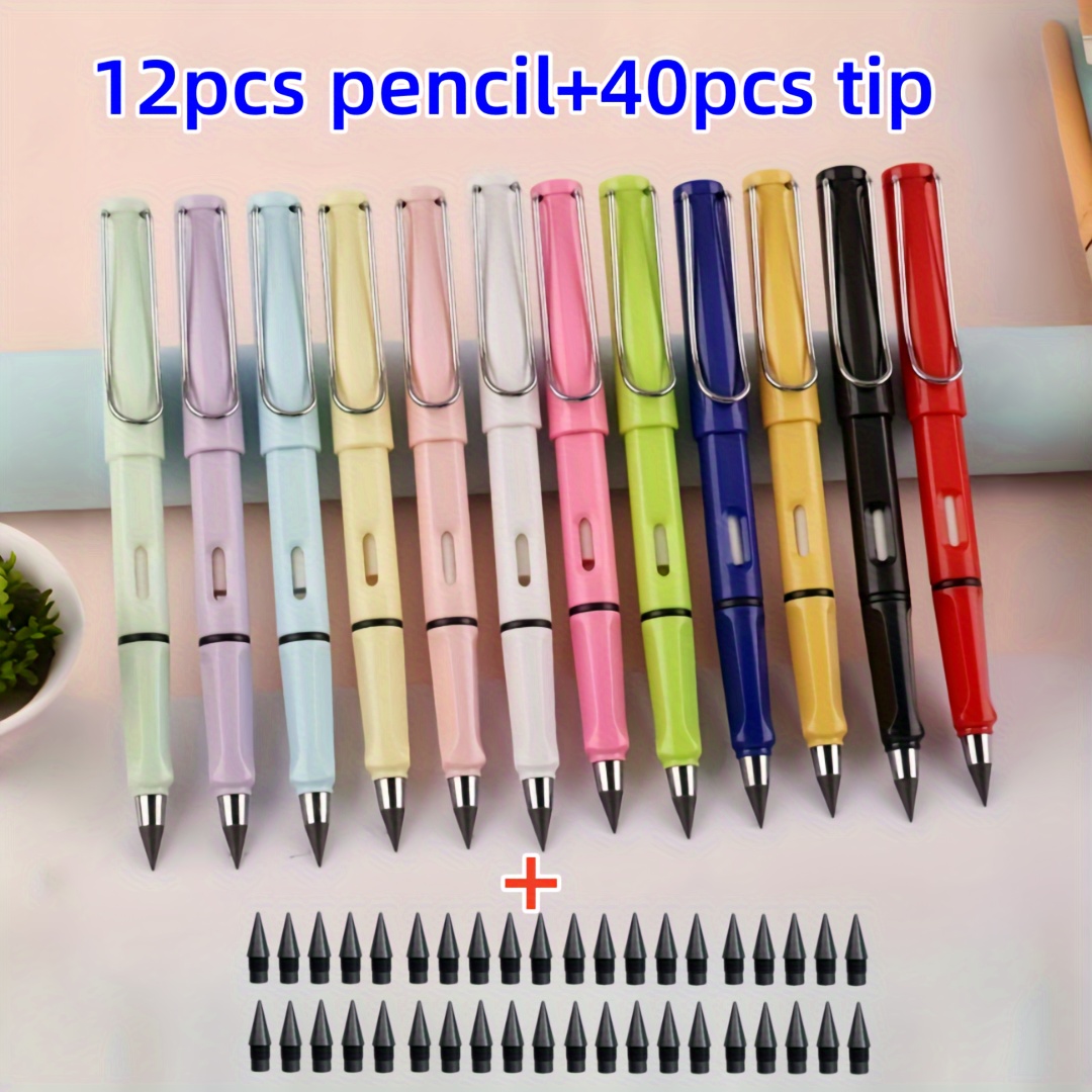 

12pcs Pencil And 40pcs Replaceable Tip, 52pcs/set, Each Pencil With An Eraser, Infinity Pencil-never Sharpen Everlasting Inkless Pencil For Sketch, Drawing, School Supplies Eternal Penci