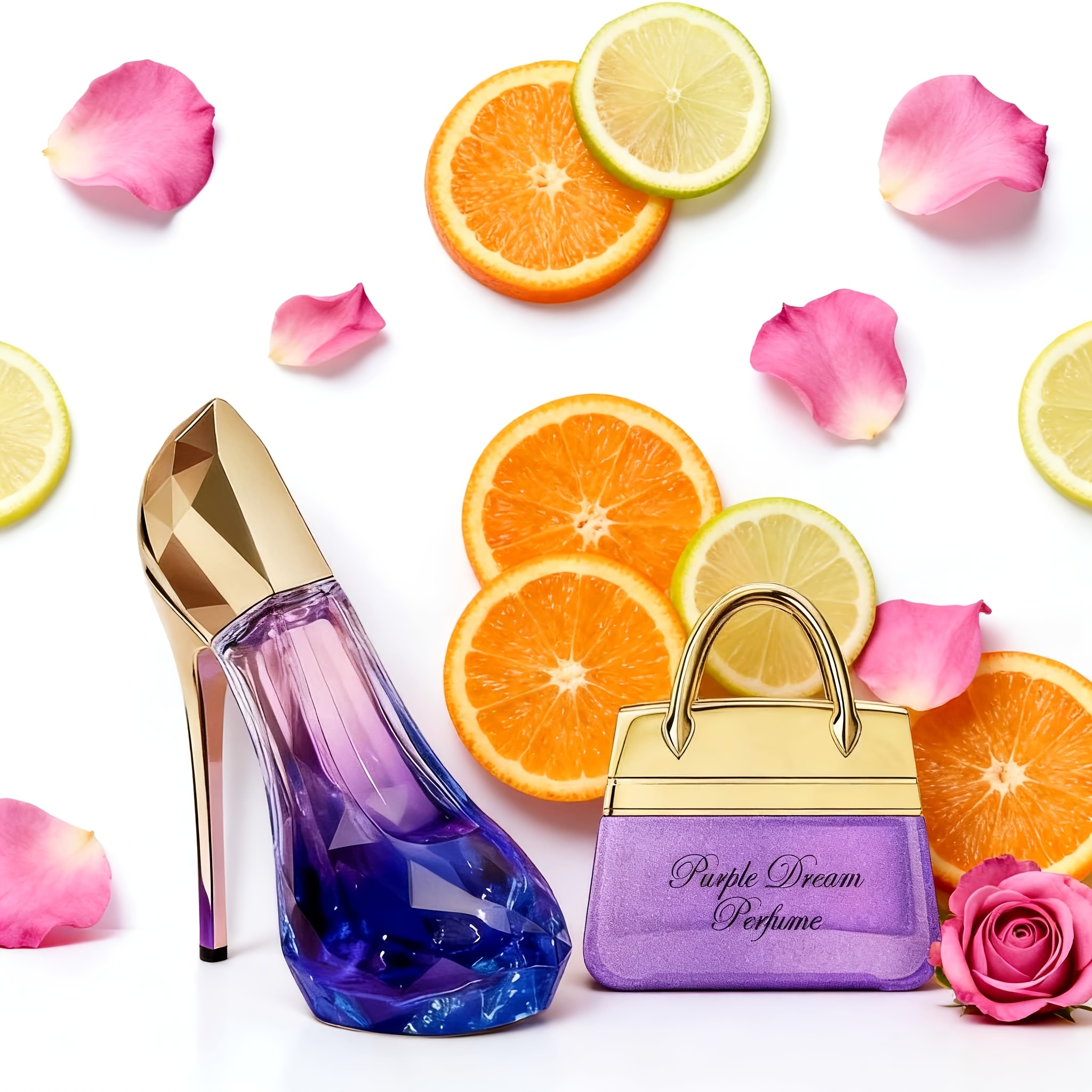 Image of + Set Of 2, Purple Handbag Shape + Purple High Heel Design Perfume, Featuring Fruity Top Note, Elegant Rose Middle Note + Floral . - Is Perfect For Dates/parties - An Ideal Holiday Gift