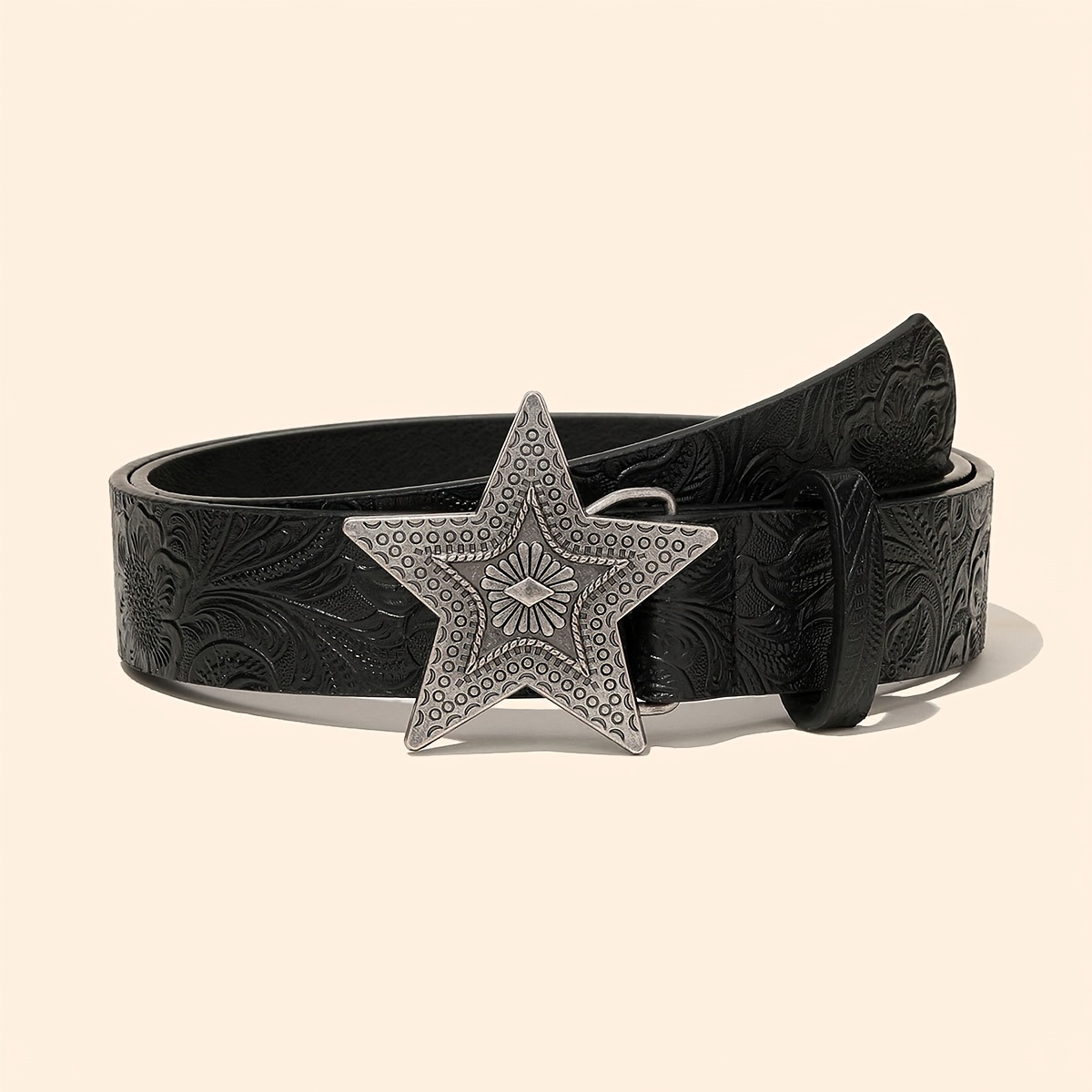 TEMU 1-pack Pu Women's Star Elegant Vintage Embossed Bohemian Style Belt, Unisex, Suitable For Daily Commute, , And Beach Wear