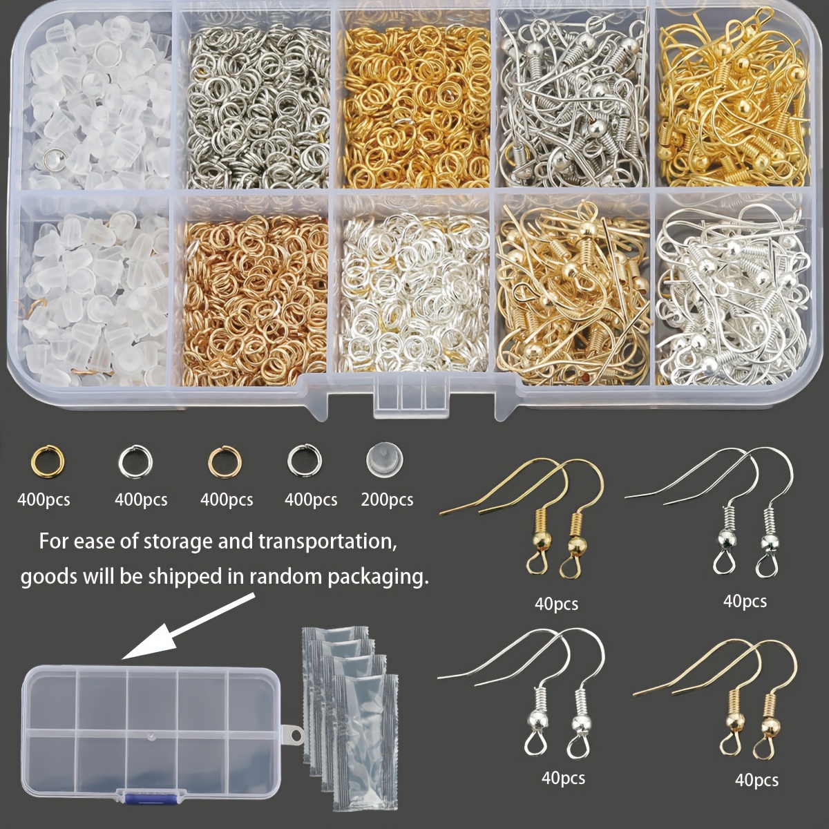 E-shop 1960-teiliges Ohrring-Schmuck-Accessoire-, inklusive 160 Fischhaken-Ohrringen, 200 transparente Ohrkappen und 1600 Biegeringe, geeignet für die