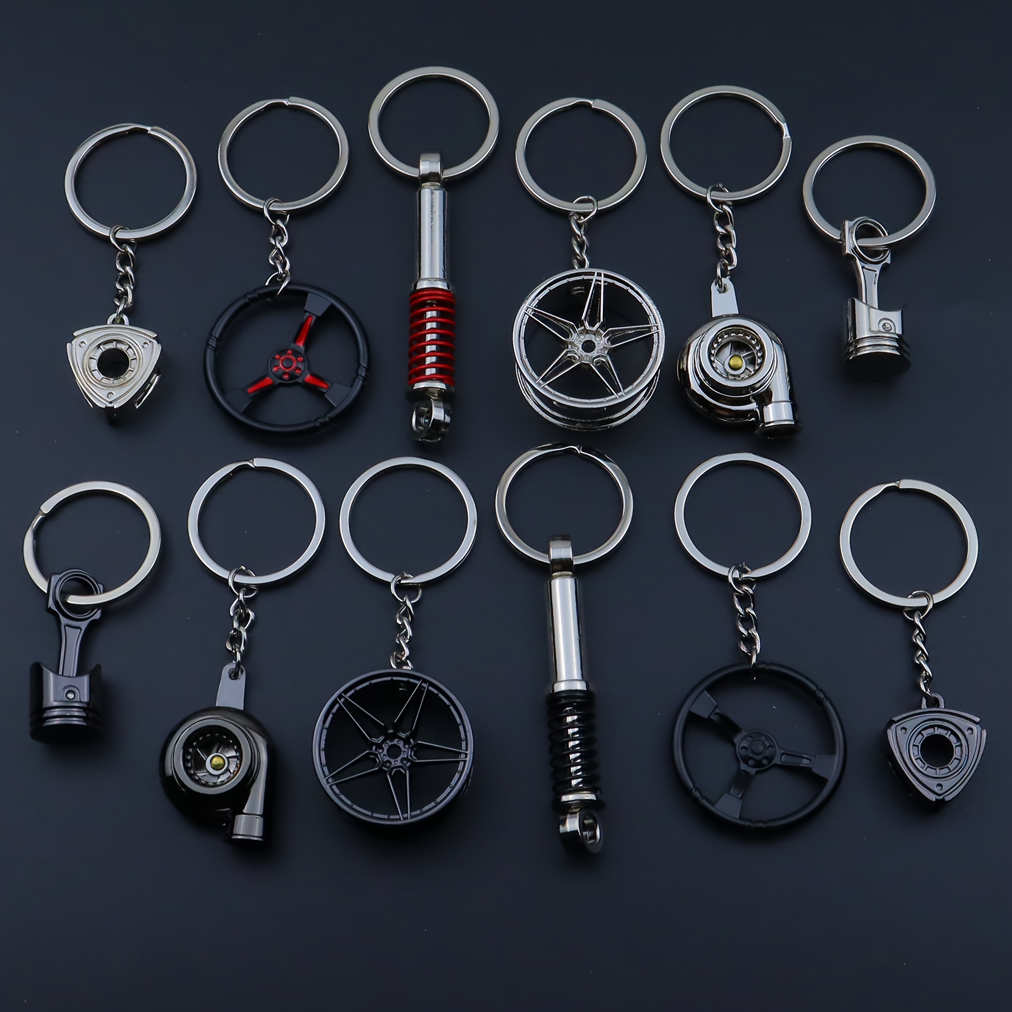 

6pcs Automotive Keychain Set, Zinc Alloy Car Modification Key Rings, Piston, Turbo, Wheel , , Steering Wheel, Small Impeller Rings, Car Modification Gift Keychains