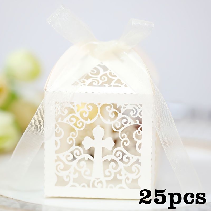 Image of 25pcs Laser-cut Leaf & Cross-shaped /candy Box - Elegant Wedding, Birthday Favor Boxes With Ribbon Suitable For Bridal Shower, Shower, Events - Paper Blanks, Christmas, Halloween