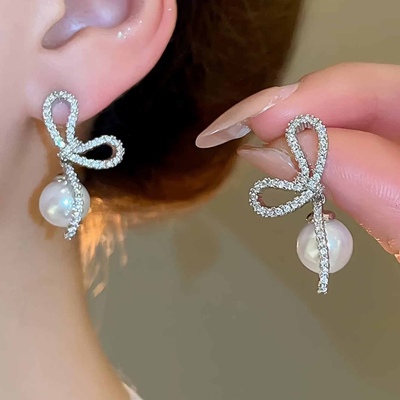 Elegant Bow Imitation Pearl Pendant Earrings with Zirconia
