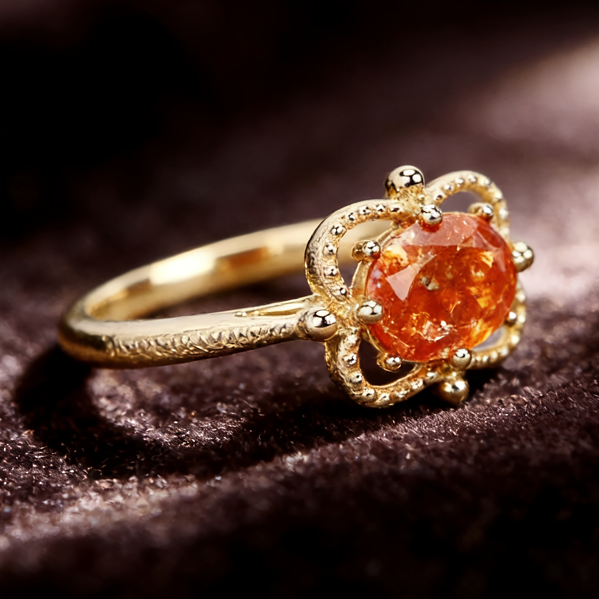 Retro Copper Inlaid Zirconia Orange Ring for Daily Wear