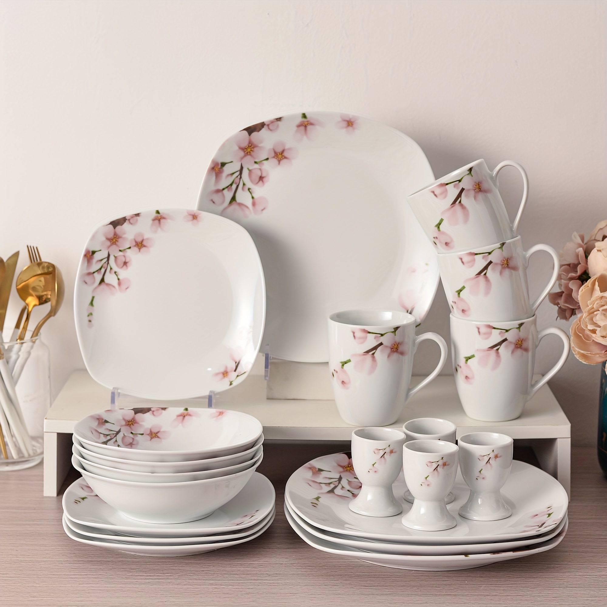 juego vajilla 20 piezas flores rosas en Temu