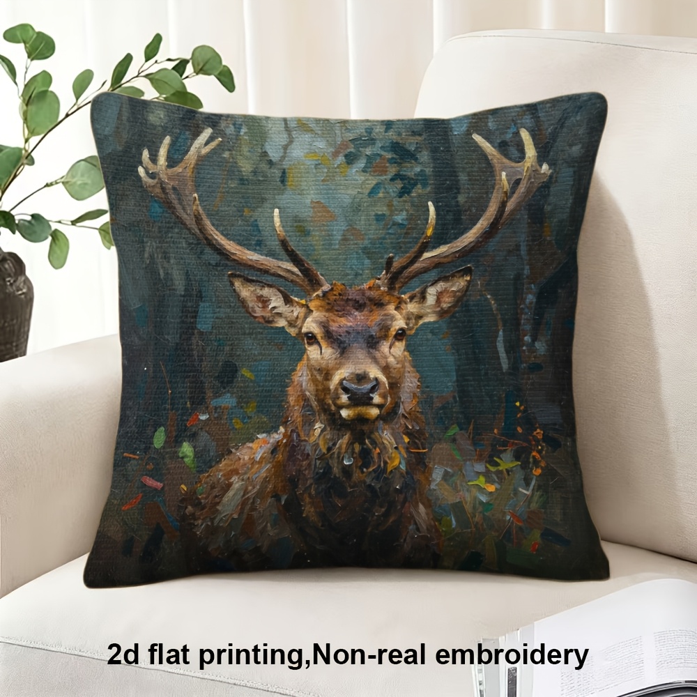 TEMU 2d Flat Printing, 1pc, Stag In A Forest, Pillow Cover, Double-sided Printing, Polyester, Very Suitable For Decorating Sofas, Living Rooms,