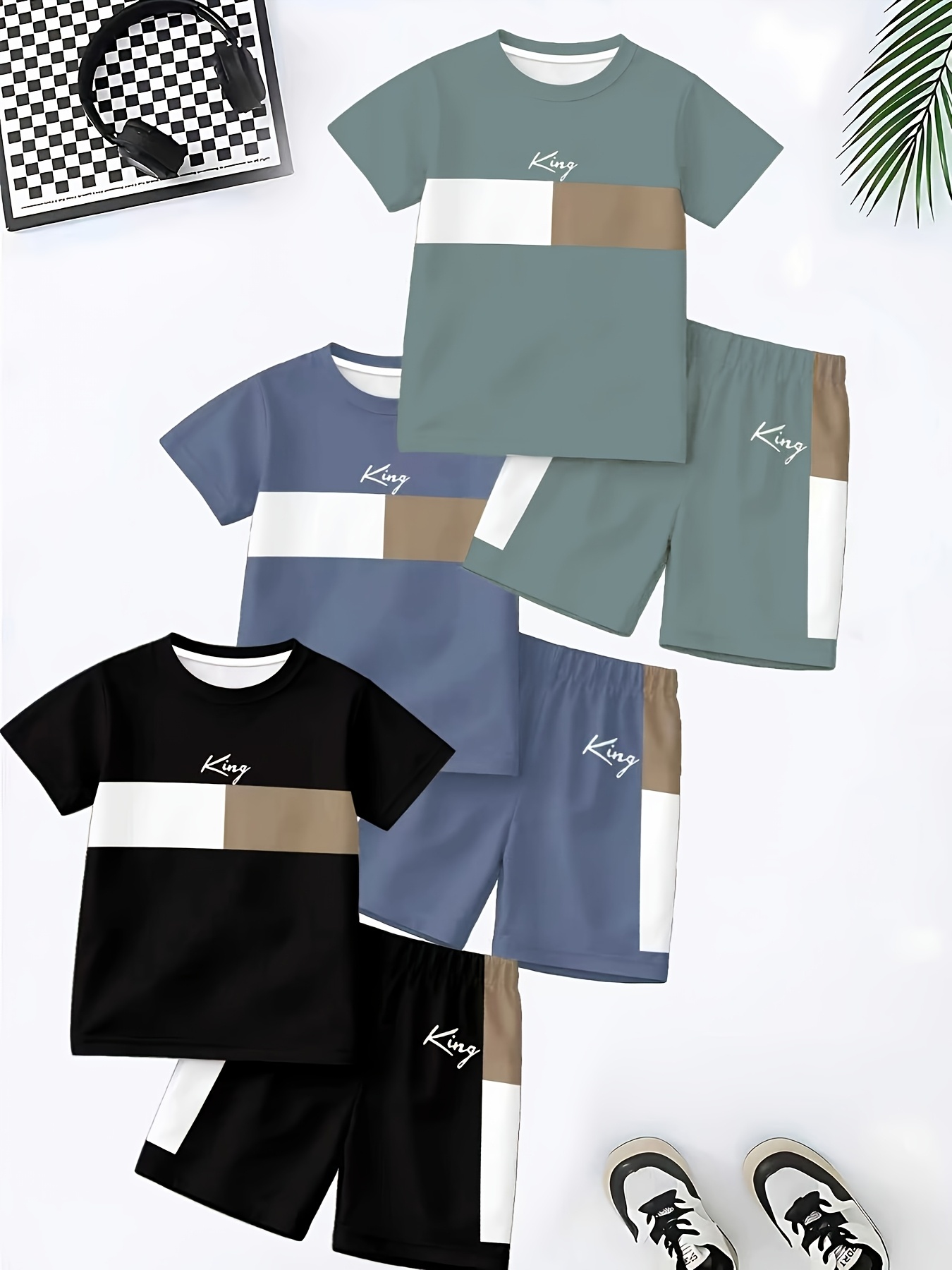 conjunto de 6 peças de fato de calções de     para  , estilo casual e moderno, padrões divertidos, roupa de desporto de verão para exterior, t-shirt de     com   redonda para  ,  ,   e confortável + calções, muito adequado para os crianças usarem