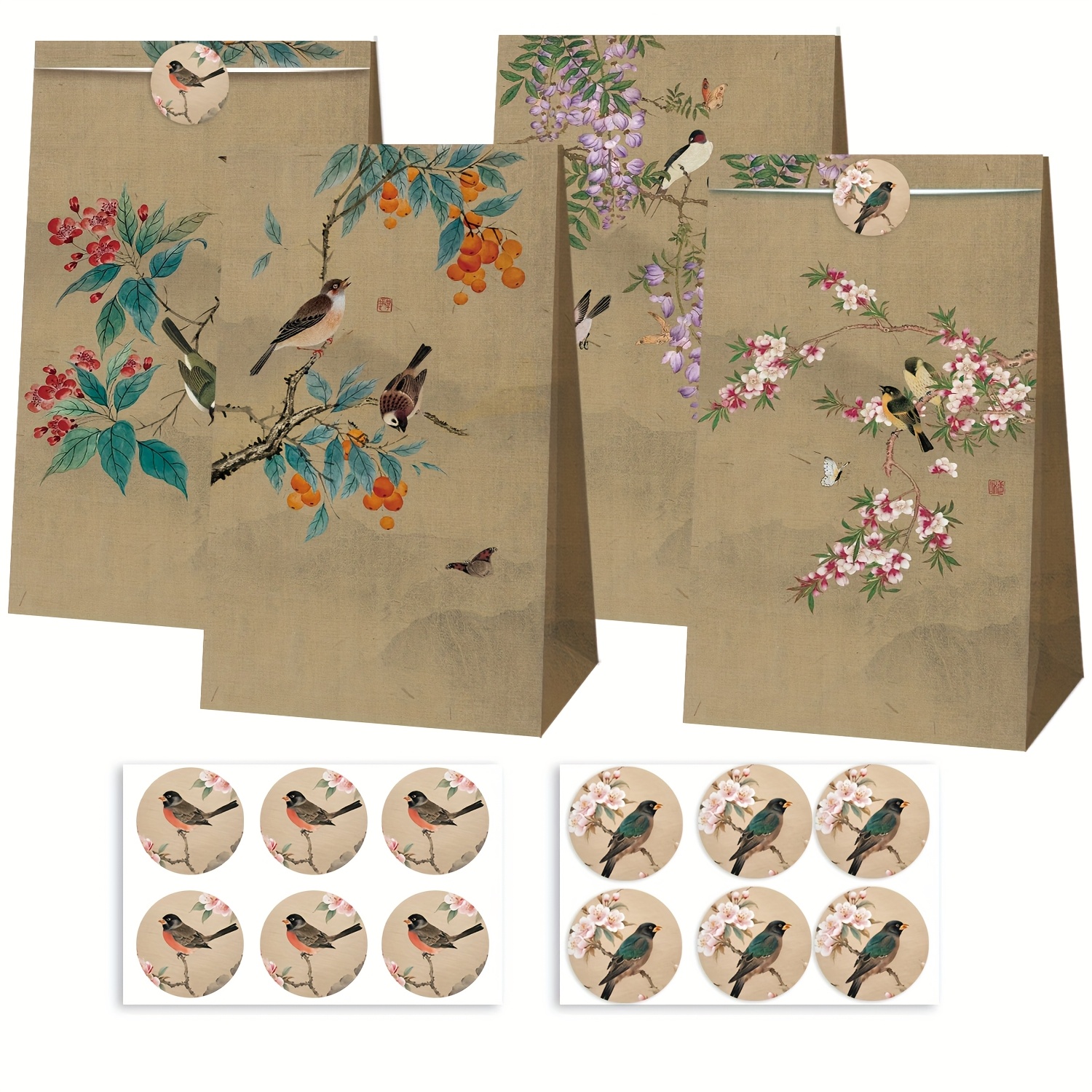 Image of 12 Sheets Of Chinese Flowers And Birds Gift Wrapping Bags, For Birthday, Party, Holiday, Gifting