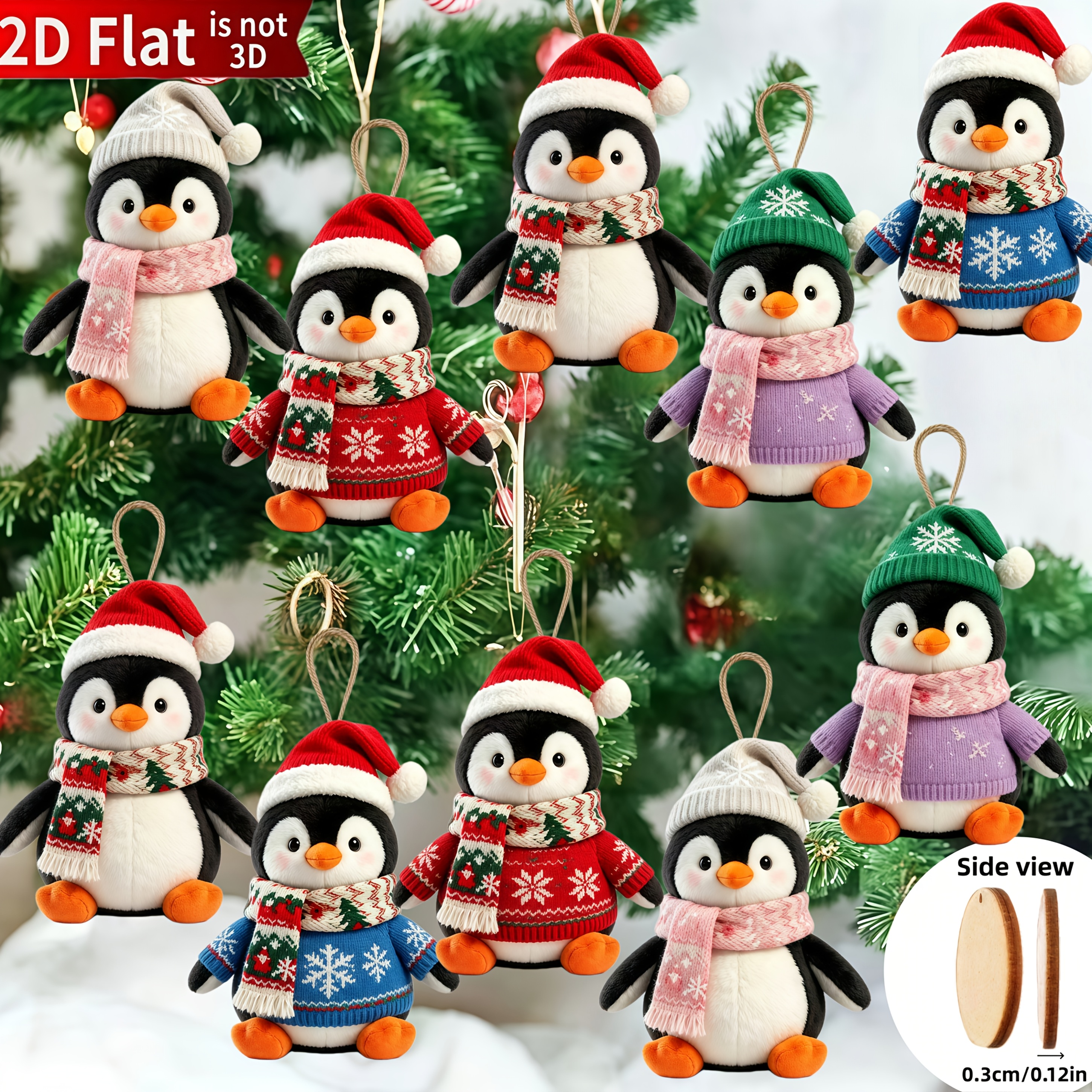 TEMU 2d Flat, 10pcs Cute Christmas Penguin Pattern Ornaments, Suitable For Thanksgiving, Halloween, And Christmas Celebrations, Outdoor Decor, Tree