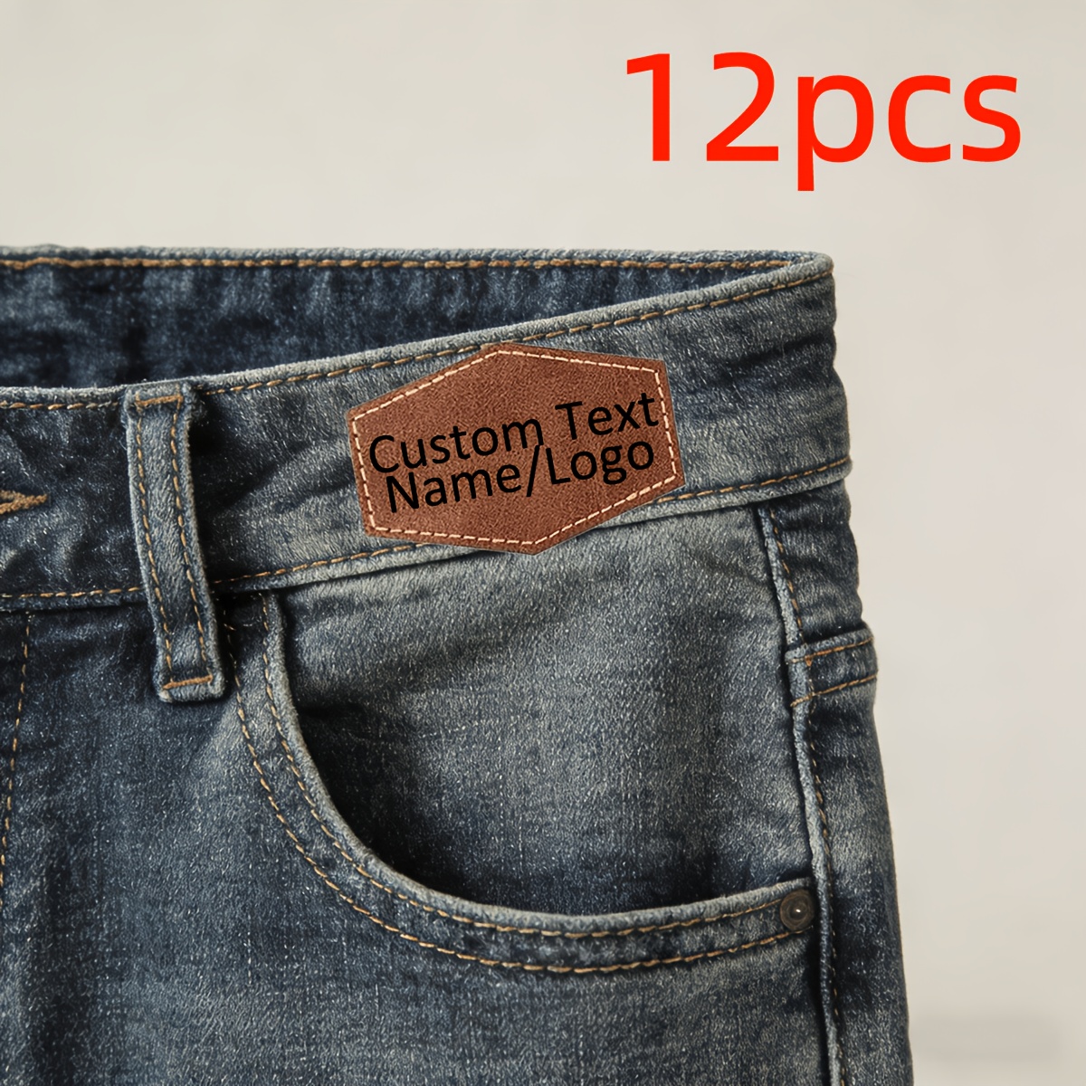 TEMU 12pcs Custom Laser Printed Faux Leather Patches, Brown And Gray Artificial Leather Labels, Personalized Fabric Stickers For Hats, Jeans,