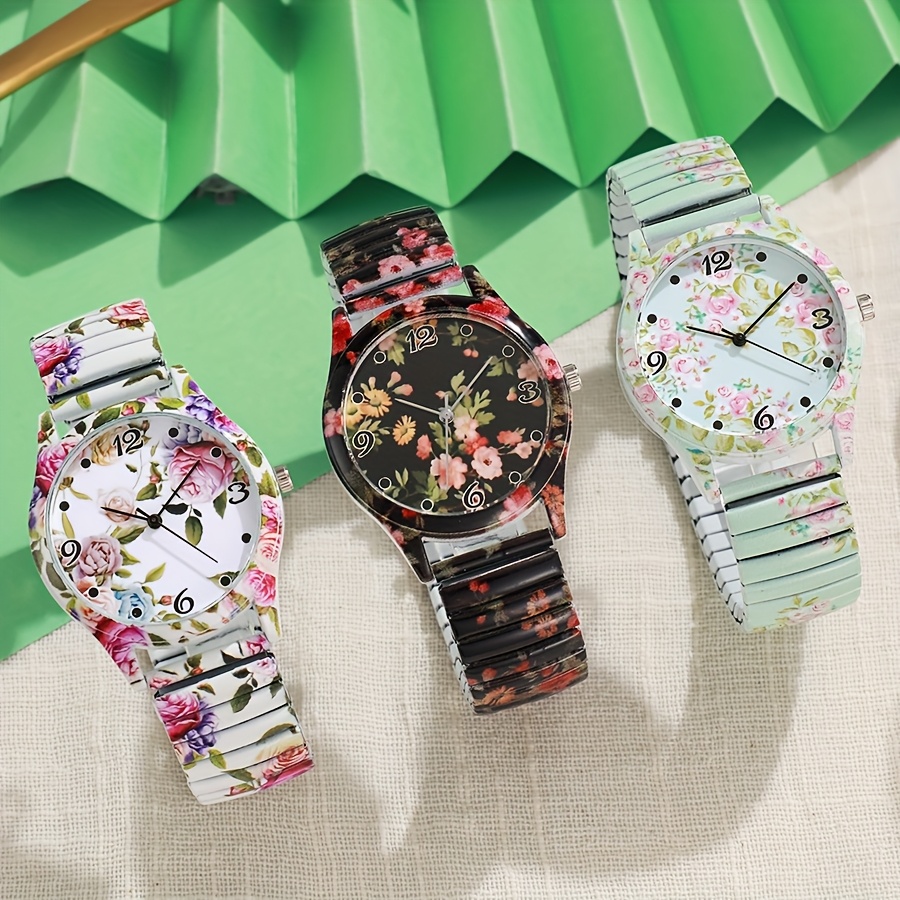 Reloj de cuarzo para mujer con correa elástica floral y esfera en  estilo casual y elegante, ideal para uso o cualquier ocasión