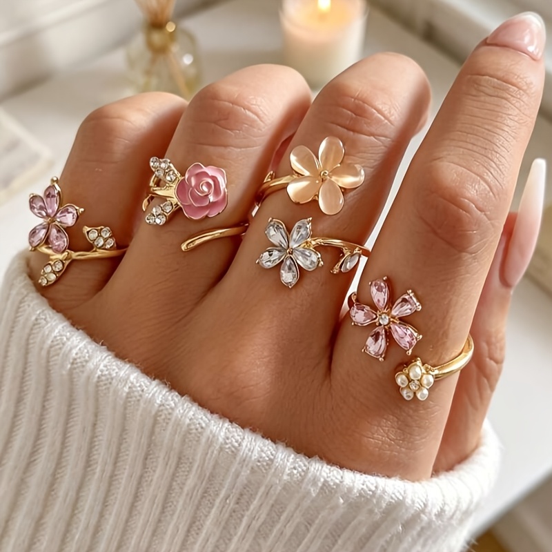 TEMU Conjunto de 4 anillos de flores, juego de anillos apilables de aleación, elegante y moderno, banda estética rosa