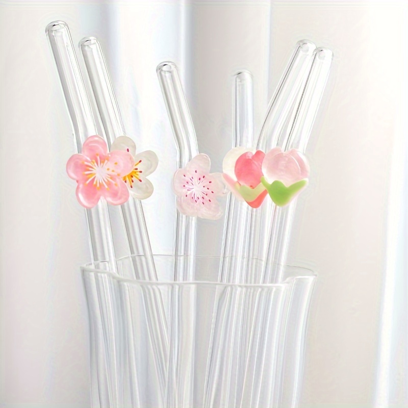 

1pc Floral- Heat-resistant Glass Straw With Flower Decorations - Ideal For Juice, , Coffee, Cold Drinks & More - Food-safe, School Supplies, Gifts For Girlfriend, Boyfriend, , Friends