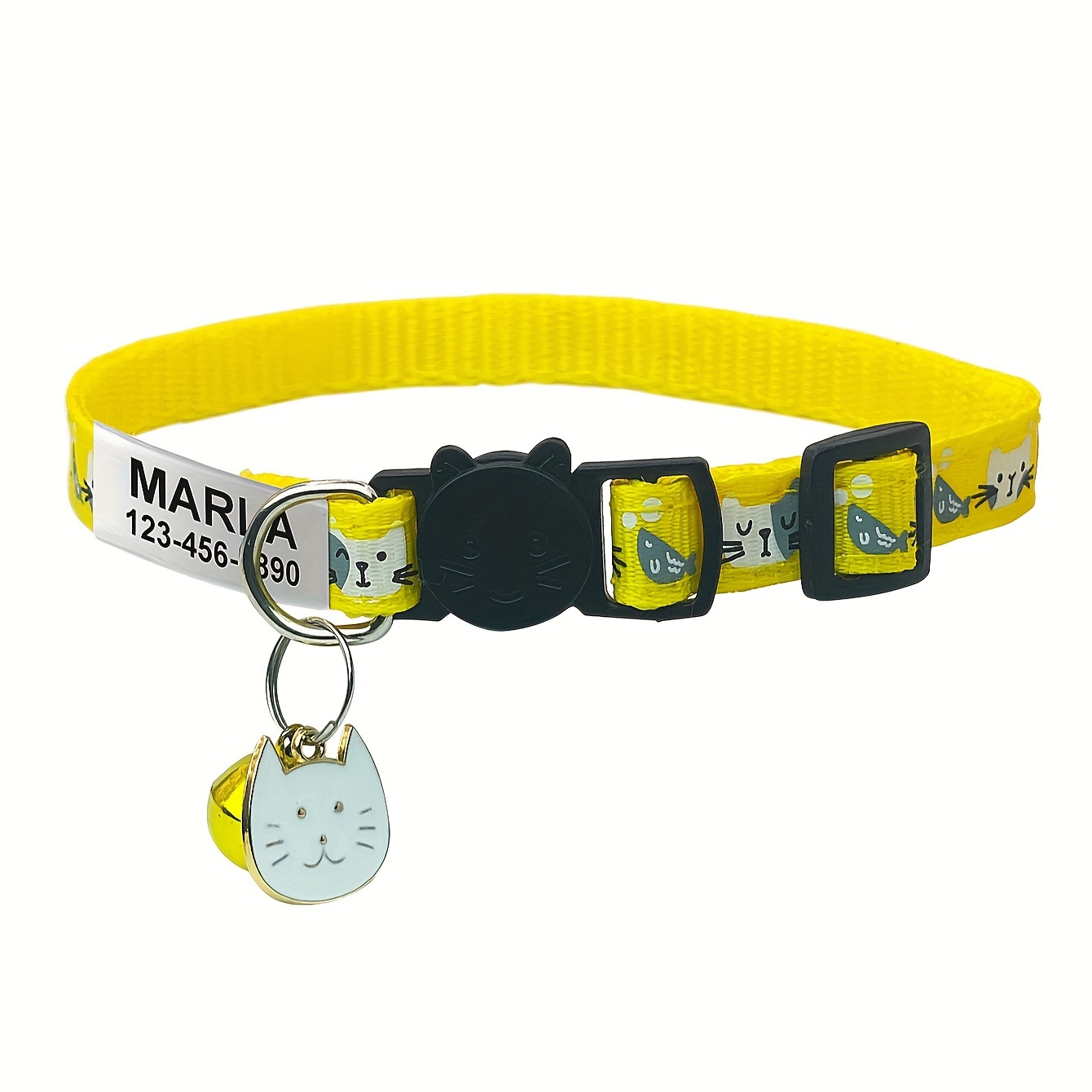 TEMU Personalized Cartoon Cat Collar With Safety , Bell & Charm - Engraved Id Tag For Small Dogs With Name, Phone & Address, Choking, Exquisite