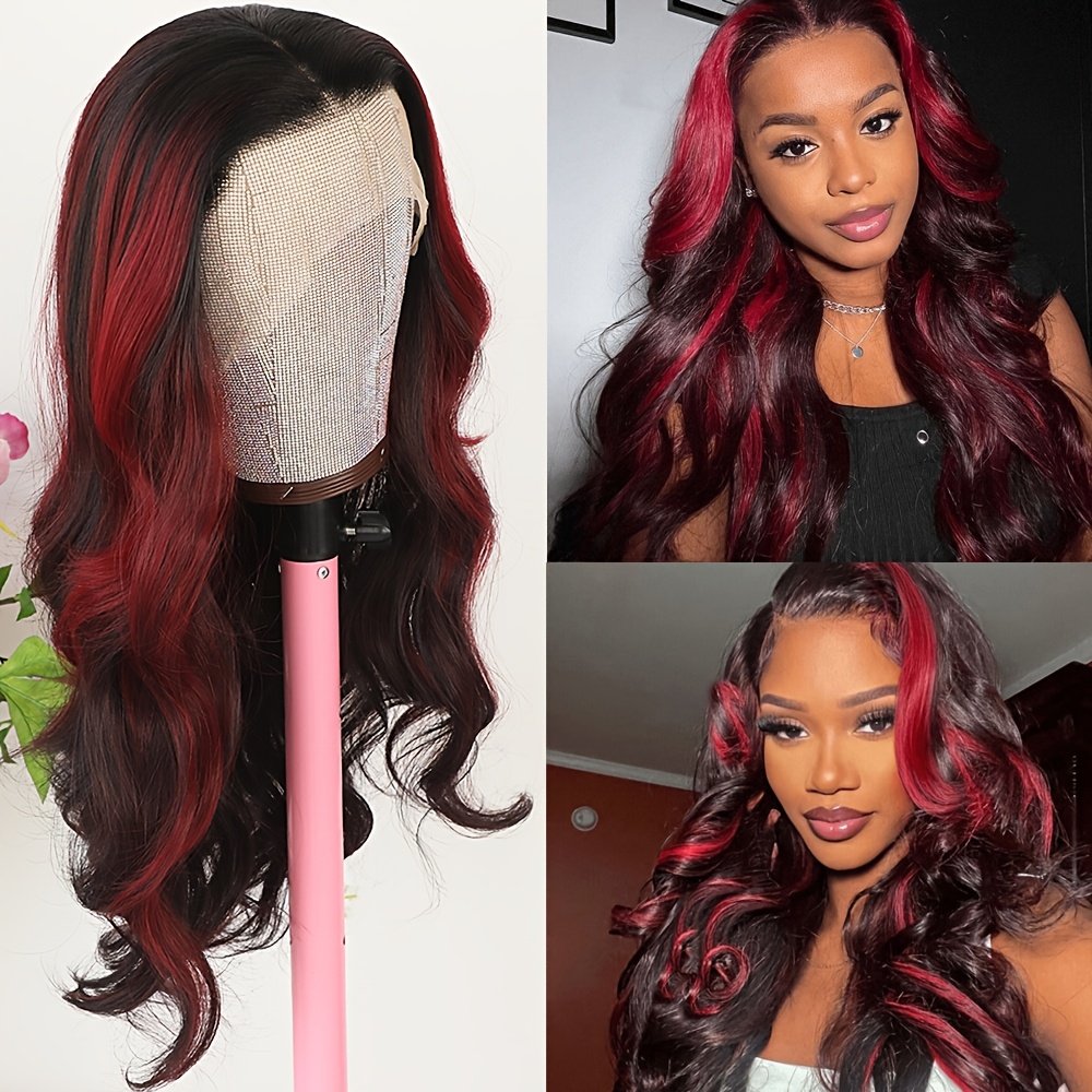 luxurious black wine red ombre lace front wig women 180 - Temu display picture 2