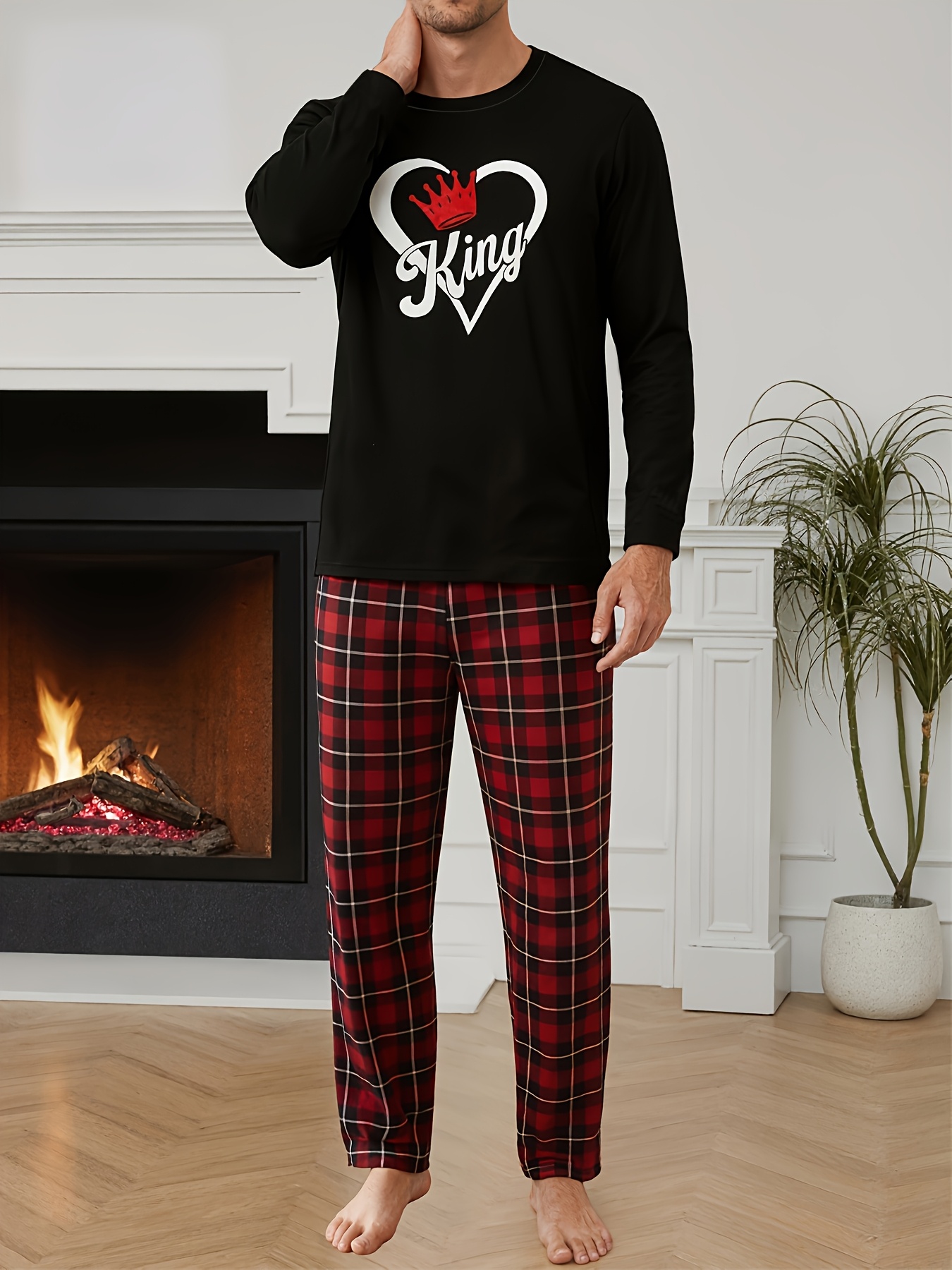 MEN/WOMEN Couple Style King Queen Letter Print Pattern Women's Long Sleeve Long Pants or Men's Long Sleeve Long Pants Loungewear Set, Men's Set or Women's Set, Men's 1pc Top + 1 Pair of Pants or Women's 1pc Top + 1 Pair of Pants