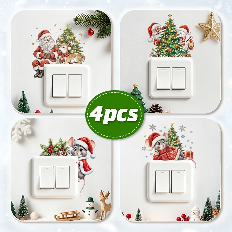 TEMU Set Of 4 Adorable Festive Stickers Featuring Santa, Reindeer, Mouse & Snowman, With Xmas Trees & Snowflakes, Light Switch Decor. Self-adhesive