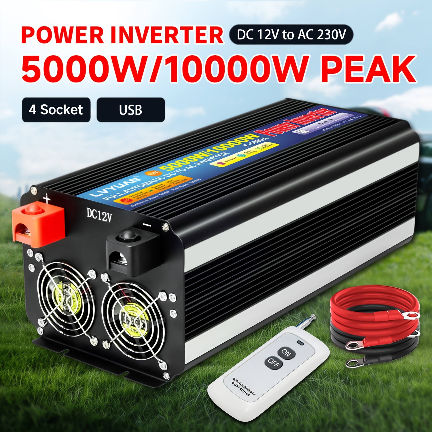 Image of Lvyuan Power Inverter 5000w/ 10000w (), 12v To Ac 240v, With 2 Sockets And Usb Port, With Voltage Display, Controlled Remotely By Remote Control, Suitable For Cars, Caravans, Camping And Boats.