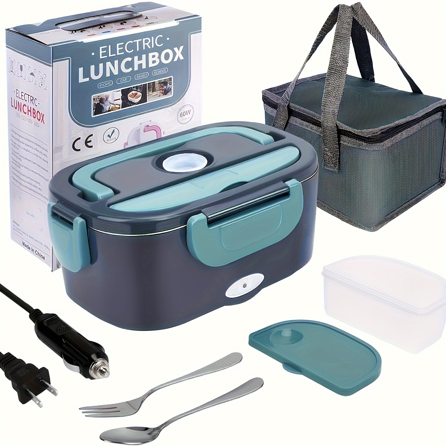 

60w Portable Electric Lunch Box - 1.8l Warmer With Leakproof Removable Container, Cutlery & Insulated Cooler Bag For Car, Truck, Work, Camping & Meal Heating, Warmer | Modern | Locking Lid