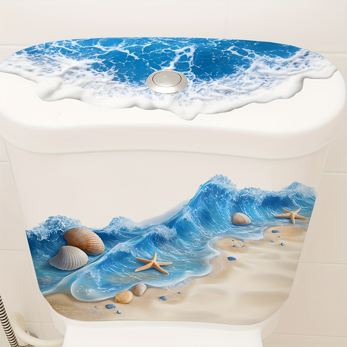 1pc Bathroom Toilet Sticker, Summer Beach Themed Bathroom Decal - Starfish And Shell Pattern Toilet Sticker, Self-adhesive Toilet Seat And Tank Wall Decal