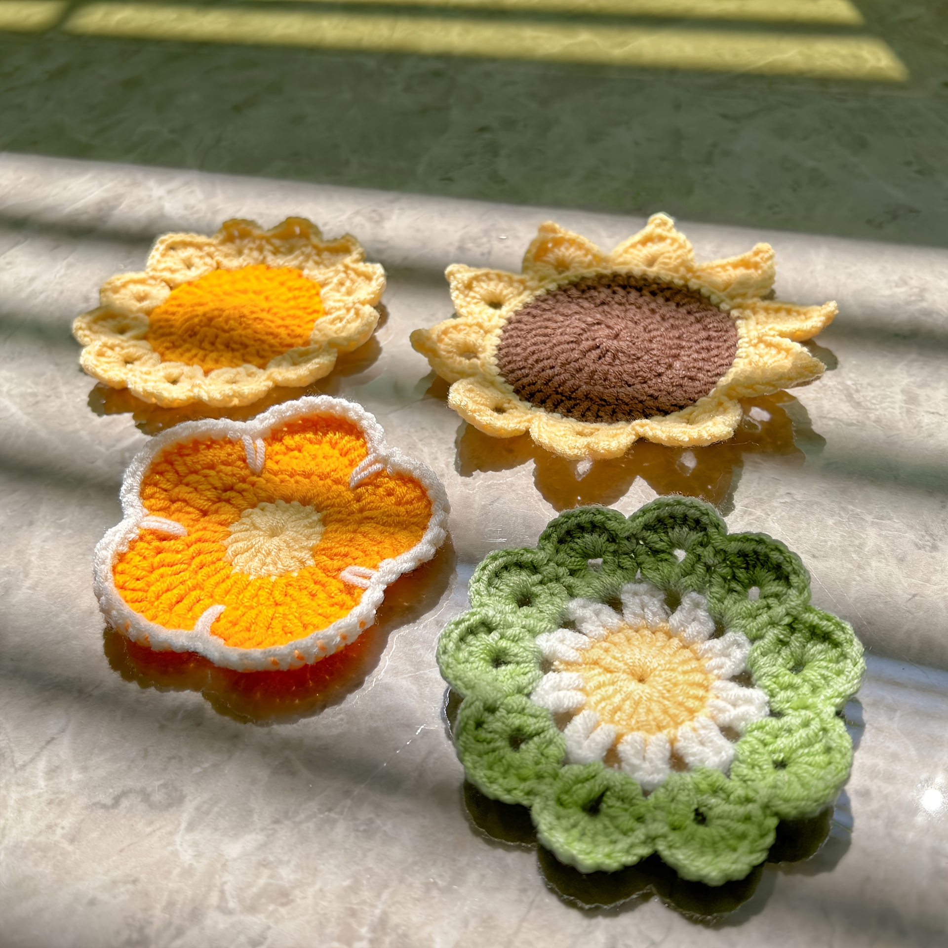 

4pcs, Coasters, Handmade Sunflower Coaster, Pure Handmade Wool Crochet Exquisite Coasters, Heat Insulation Mats, Meal Mats, Suitable For Cups Of Different Sizes, Room Decor