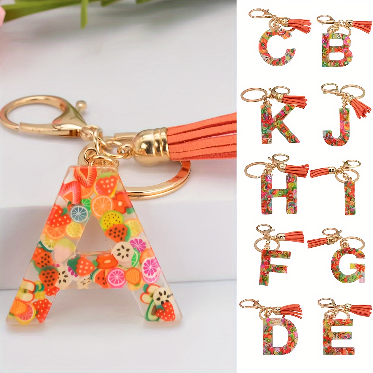 

1pc Resin Fruit Slices English Letter Key Chain For Men, Fashion Handbag Pendant With Tassel Keychain For Men Women