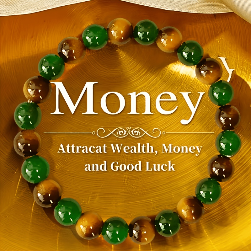 natural   bracelet featuring 8mm tiger eye stones and green yellow beads handcrafted bohemian style jewelry designed for relaxation wealth and   unisex design suitable for   men and women earthy tones