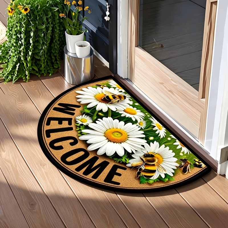 Image of 2d Bee & Floral Welcome Mat - Non-slip, Durable Semi-circular Door Mat For Farmhouse/patio/laundry/kitchen Decor - Accent With Daisy & , Multiple Sizes , Bee Decor