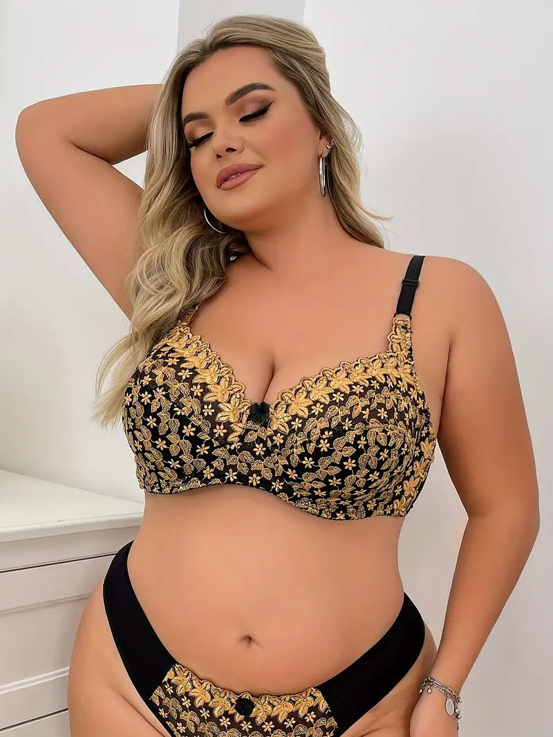 womens plus sexy bra plus size bow decor floral embroidery non padded underwire bra details 1