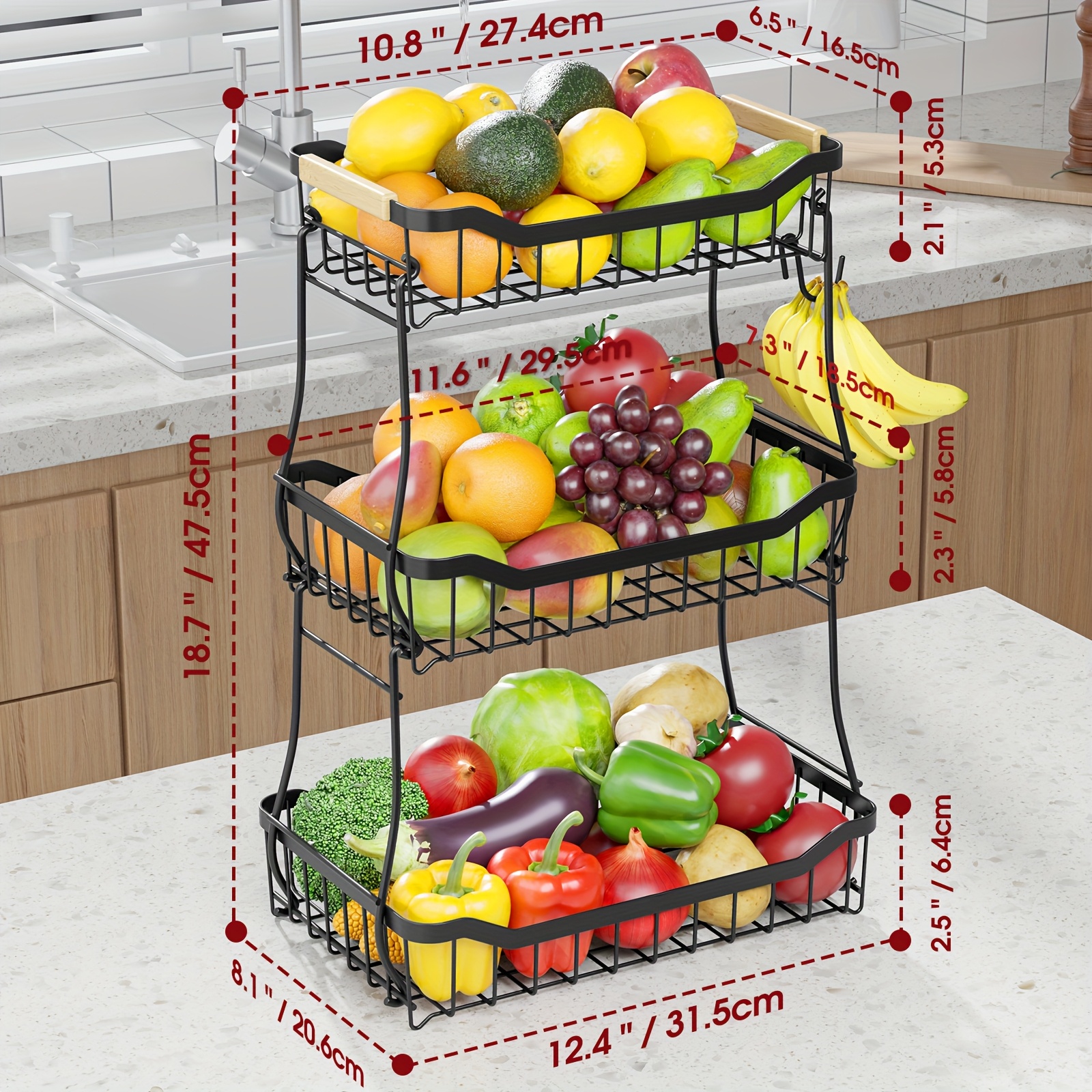 TEMU Large Capacity Metal Fruit Basket Removable With Banana Hook, Multifunctional Countertop Fruit And Vegetable Basket For Kitchen Countertops With Wooden Handles To Store Bread, And Fruits