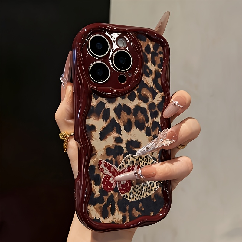 TEMU Phone Case - Light Luxury Leopard Print Burgundy Wavy Frame Phone Case Suitable For Iphone 18, Suitable For Iphone 18 Pro Max, Suitable For