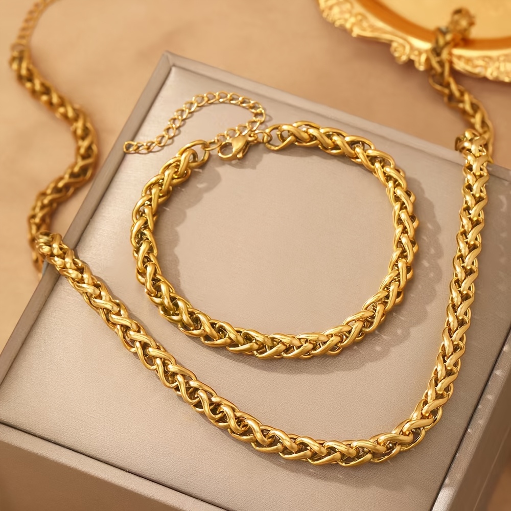 Image of 2pcs (necklace And Bracelet) Popular In East Europe And America Suitable For Men And Women, Luxurious Fashion Casual Party Woven Chain Bracelet Necklace Set