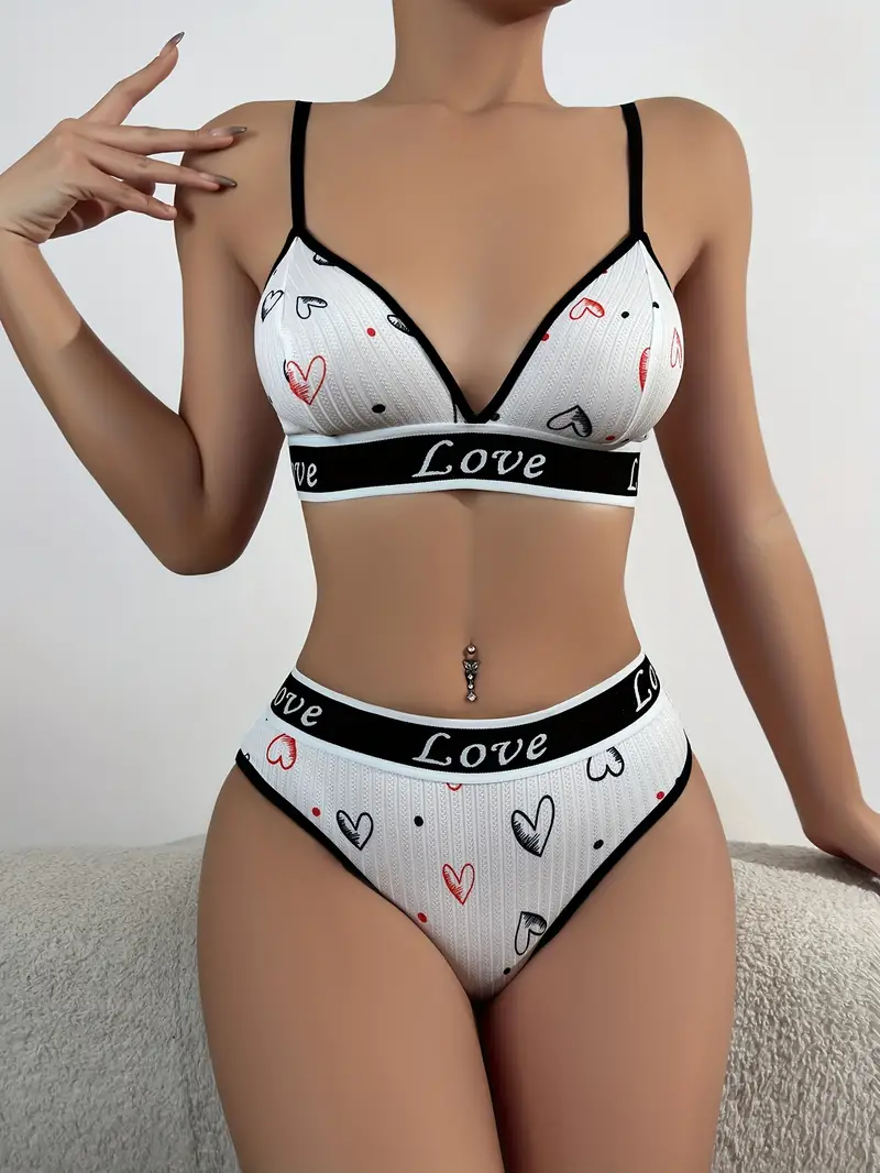 Valentine's Day Heart Print Letter Tape Bra & Panty, Bra & Panties Lingerie  Set, Women's Lingerie & Underwear