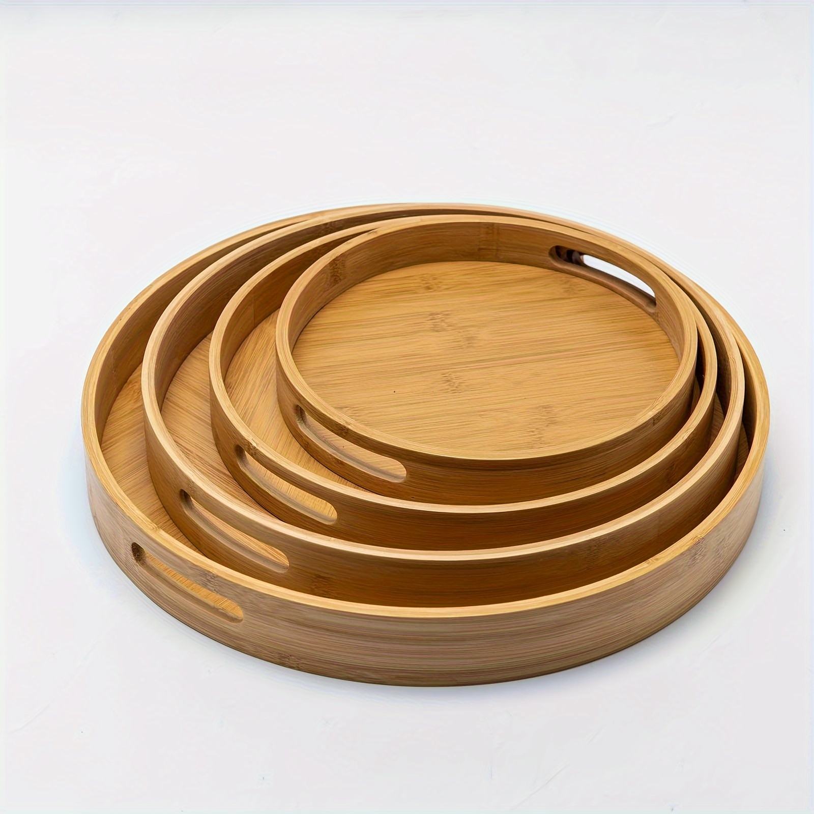 

1pc, Bamboo Wood Round Serving Tray Set With Handles, Stackable Circle Ottoman Trays For Eating, Entertaining, Decorating, And Organizing