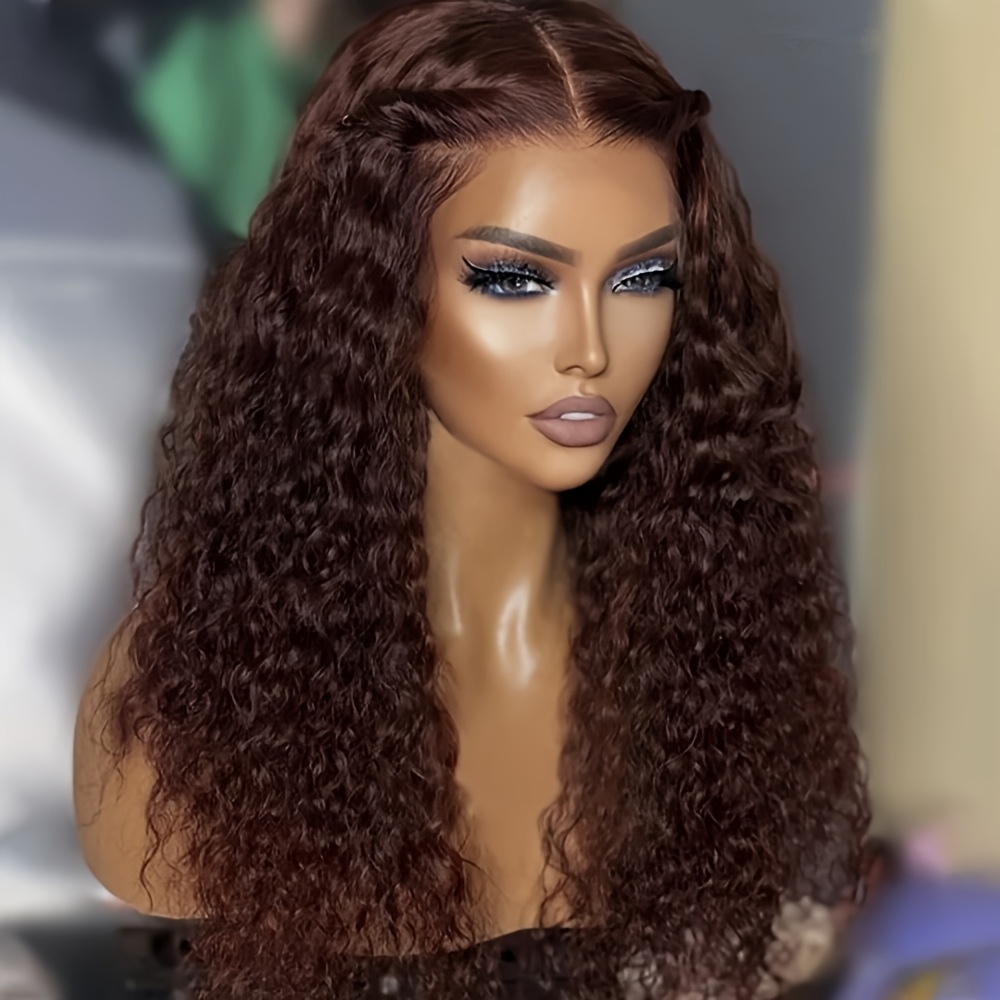 TEMU Perruques marron chocolat colle 4# Couleur marron Ondes profondes Perruque avec dentelle Ligne de cheveux pré-pince Curly Wave Perruques avec