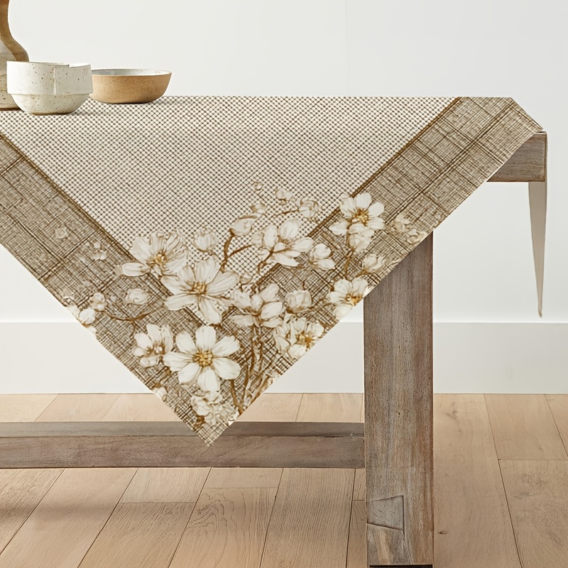 TEMU 1pc White Floral Frame Tablecloth, Farmhouse Kitchen Table Decoration, Indoor, Holiday, Party Decor, 85 X 85cm, 110 X 110cm 2d Flat Printing